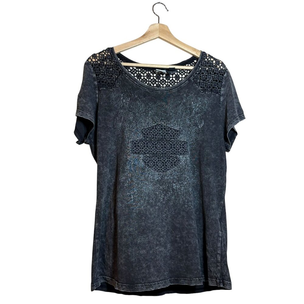 Harley Davidson Charcoal Grey Crochet Accents Womens Shirt Size XL